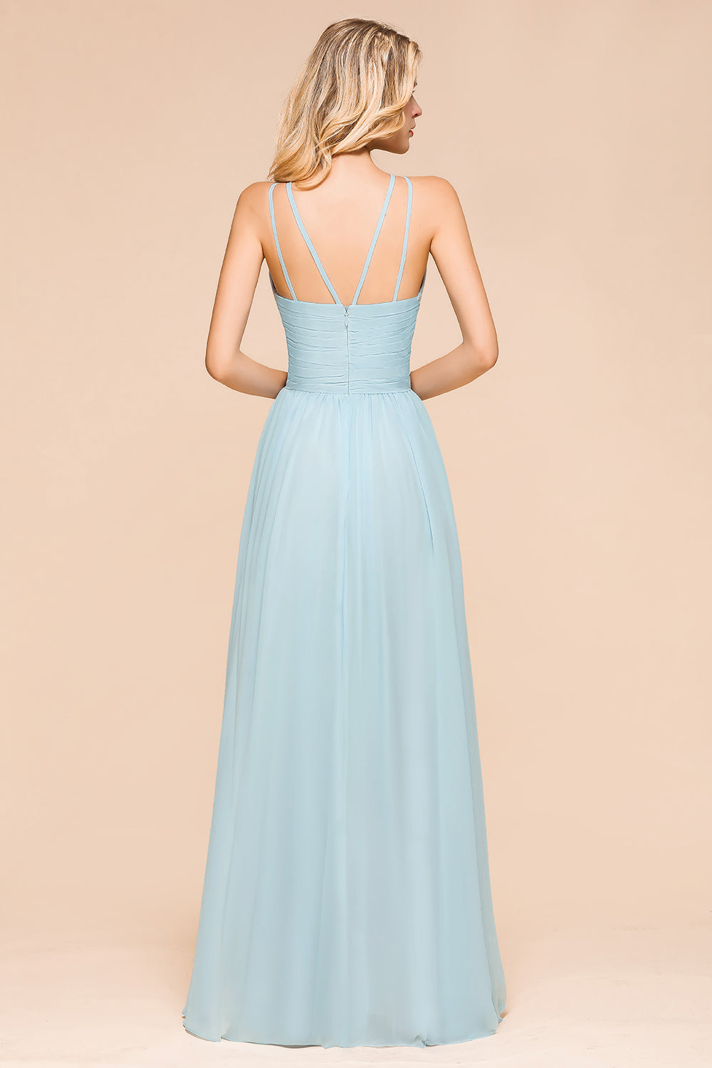 Gorgeous Sky Blue Halter Chiffon Long A-line Bridemaid Dress with Ruffle Gorgeous Sky Blue Halter Chiffon Long A-line Bridemaid Dress with Ruffle