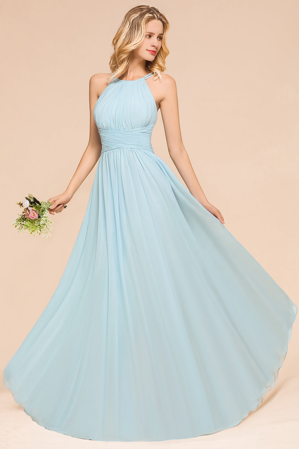 Gorgeous Sky Blue Halter Chiffon Long A-line Bridemaid Dress with Ruff BIZTUNNEL Gorgeous Sky Blue Halter Chiffon Long A-line Bridemaid Dress with Ruff BIZTUNNEL