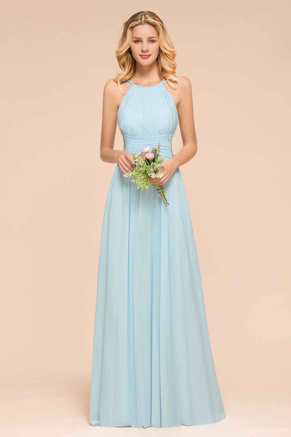 Gorgeous Sky Blue Halter Chiffon Long A-line Bridemaid Dress with Ruffle