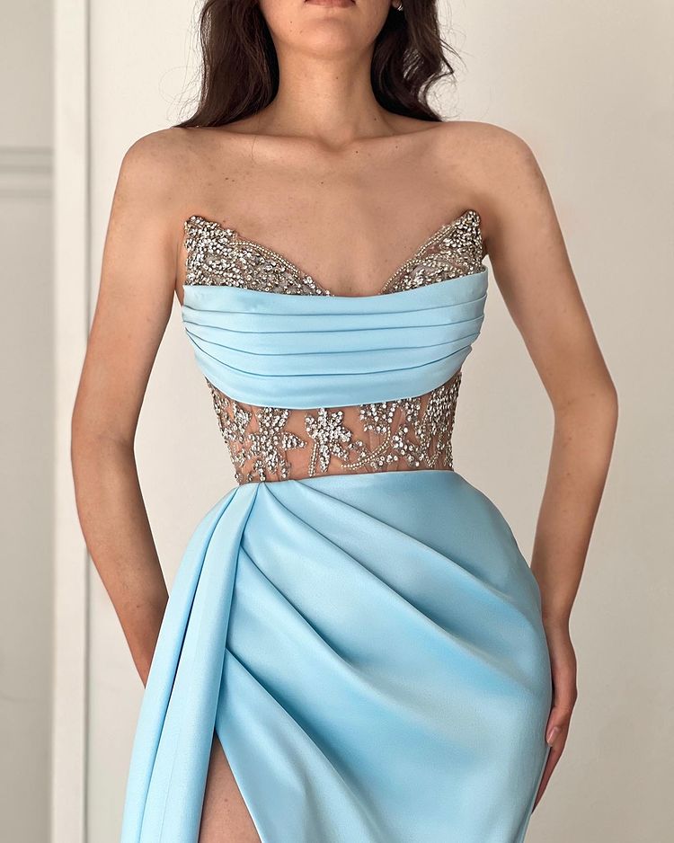 sky blue strapless dress ZAPAKA Women Sky Blue Long Prom Dress Ball Gown Strapless Organza Gala Dress, Sky Blue / US6