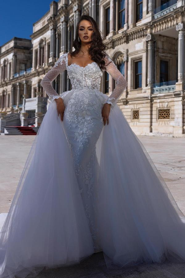 fitted lace wedding dress Fairy Long Sleeve Satin Lace Mermaid Wedding Dress w Detachable Train, –  Shindig Threads main image 0