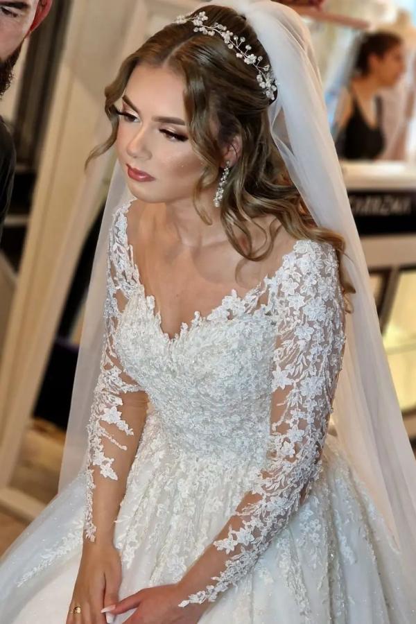 Gorgeous White Long A-line V-neck Lace Wedding Dress with Sleeves Gorgeous White Long A-line V-neck Lace Wedding Dress with Sleeves