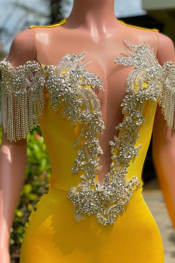 Gorgeous Yellow Long Mermaid Tassel Off the Shoulder Satin Backless Prom Dress with Ruffles Gorgeous Yellow Long Mermaid Tassel Off the Shoulder Satin Backless Prom Dress with Ruffles