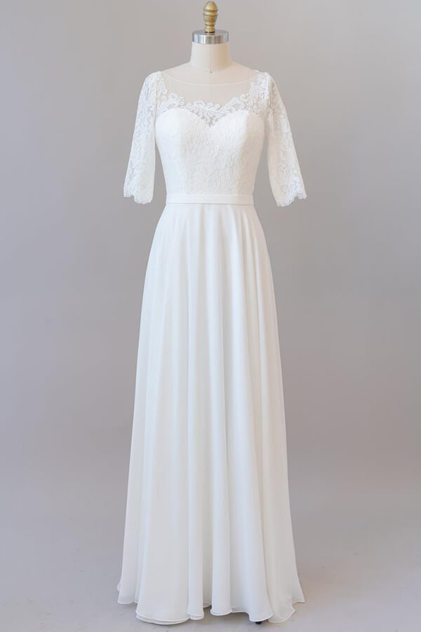 Graceful Long A-line Lace Chiffon Wedding Dress with Sleeves BIZTUNNEL Graceful Long A-line Lace Chiffon Wedding Dress with Sleeves BIZTUNNEL