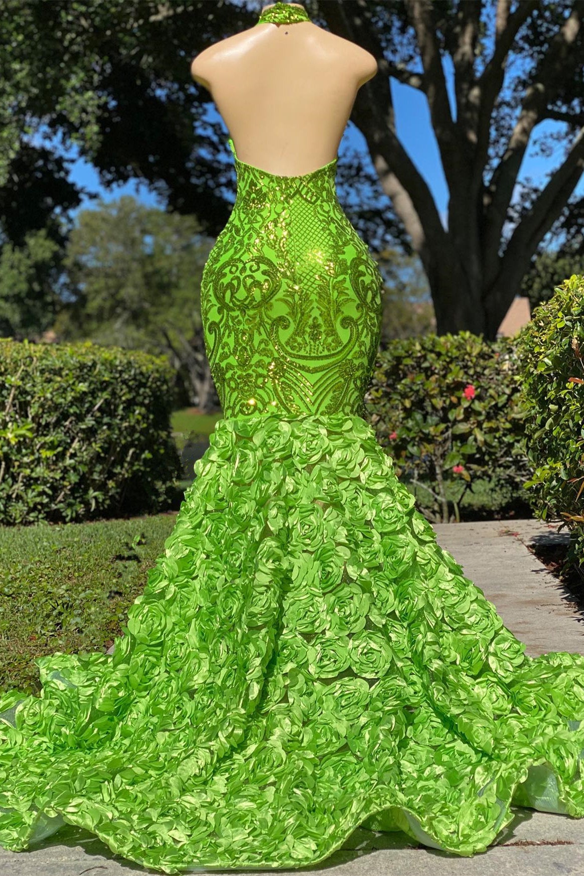 Green Halter Open Back Sleeveless Long Mermaid Prom Dress with Flower