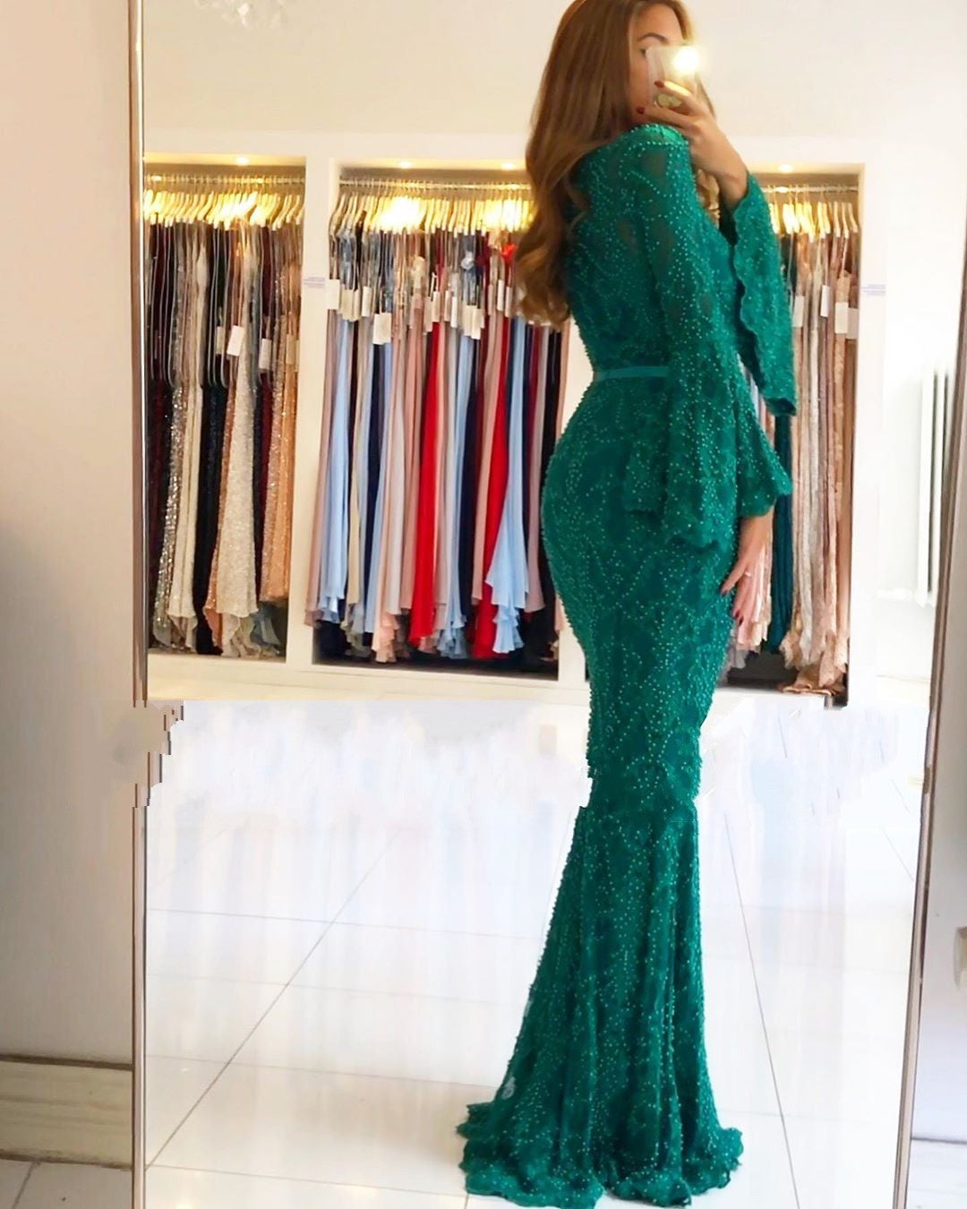 Green Mermaid Sweetheart Lace Long Prom Dresses with Sleeves