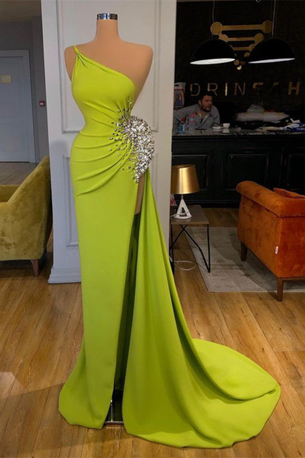 Long One Shoulder Sleeveless Beaded Mermaid Satin Prom Dress with Spli BIZTUNNEL Long One Shoulder Sleeveless Beaded Mermaid Satin Prom Dress with Spli BIZTUNNEL