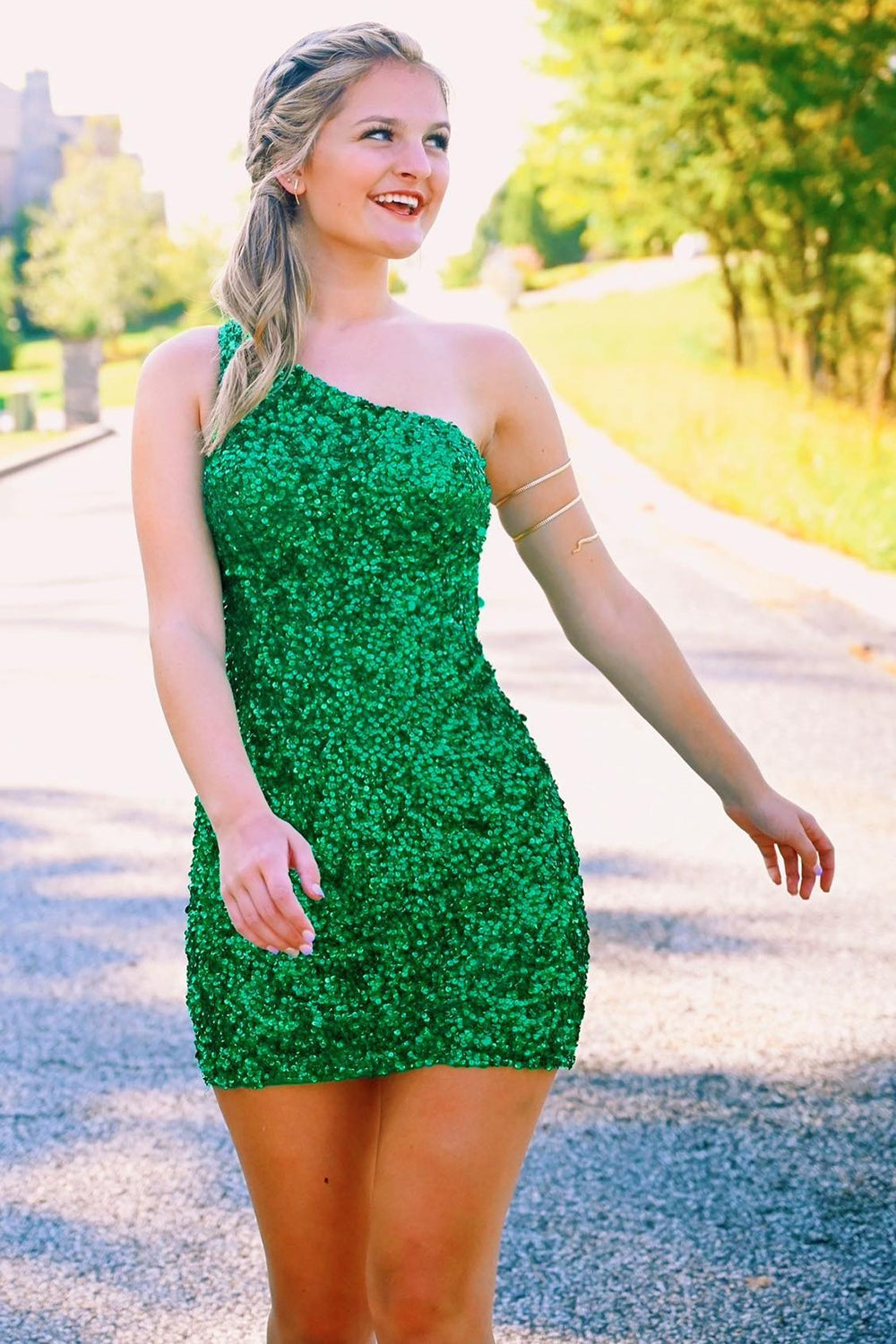 green emerald velvet dress Green Sequins One Shoulder Tight Homecoming Dress