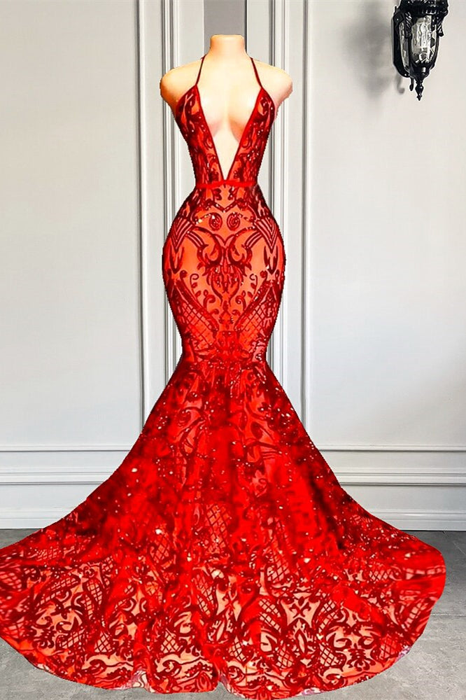 sexy red mermaid prom dress Halter Deep V Neck Open Back Sexy Lace Mermaid Prom Gown