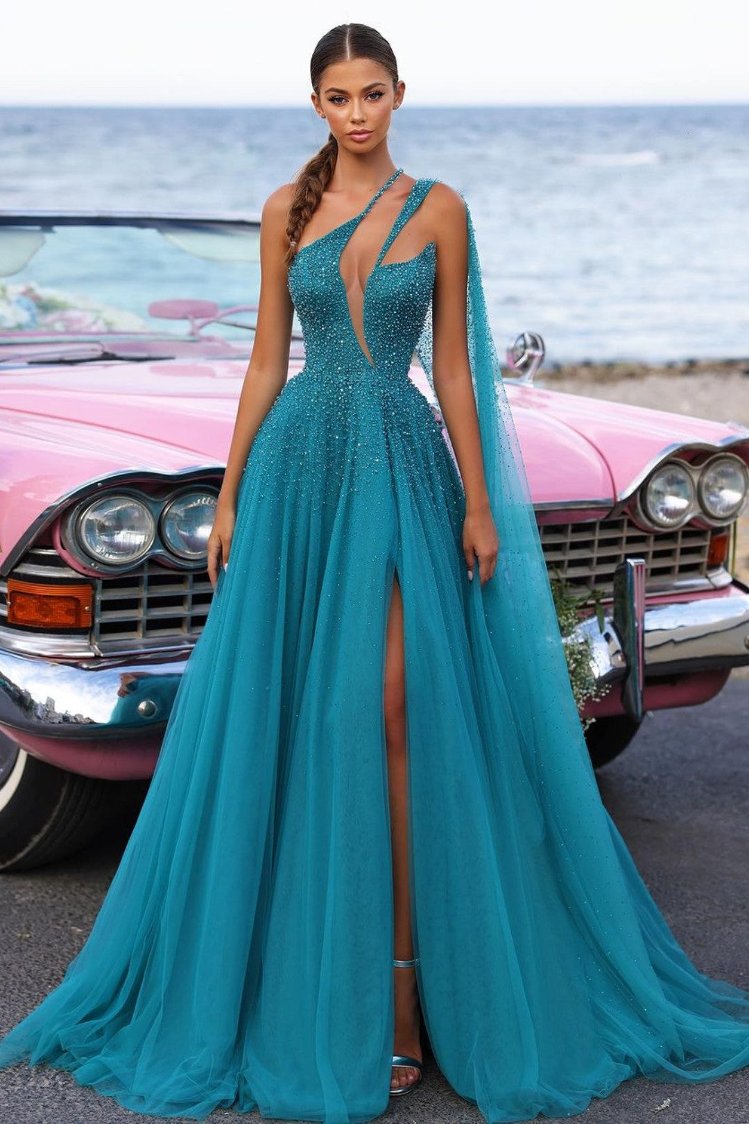 Eucalyptus One Shoulder A-Line Sequins 3D Flowers Long Ball Dress with Slit