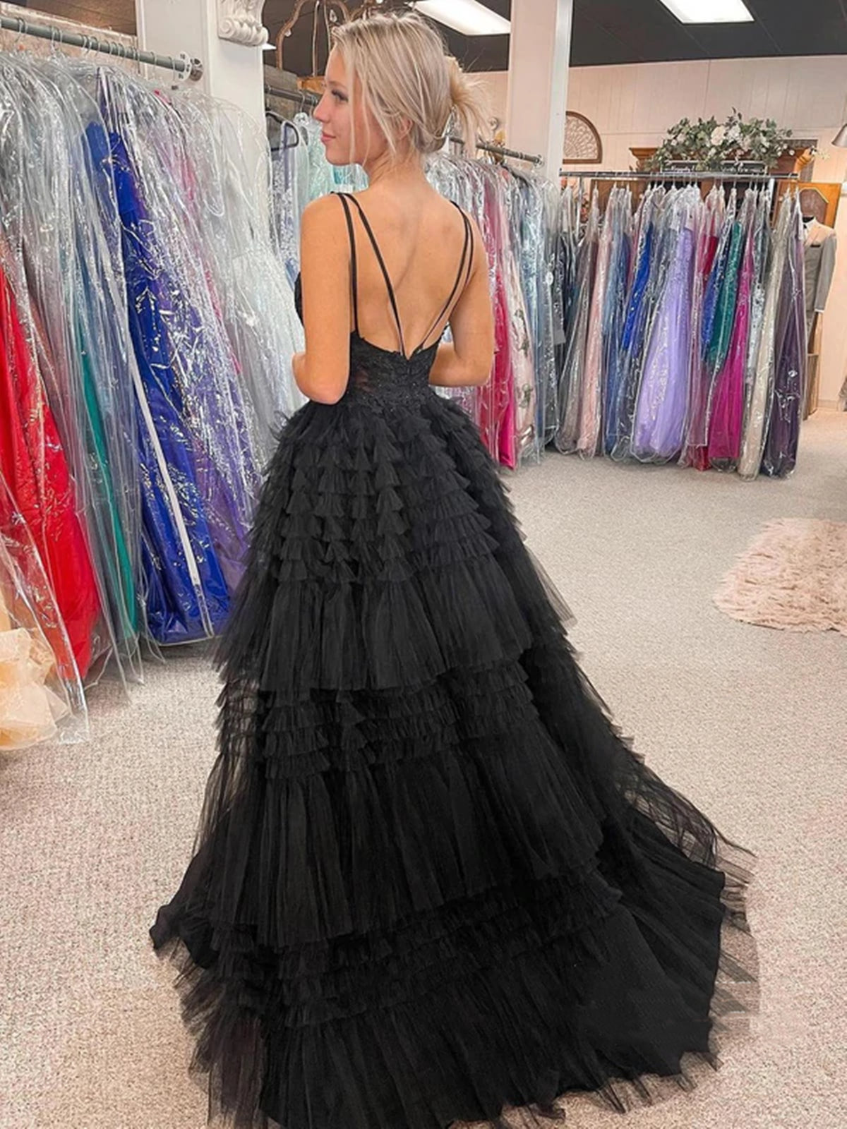 High Low A-line V-neck Tulle Prom Dress Black Formal Evening Dresses High Low A-line V-neck Tulle Prom Dress Black Formal Evening Dresses