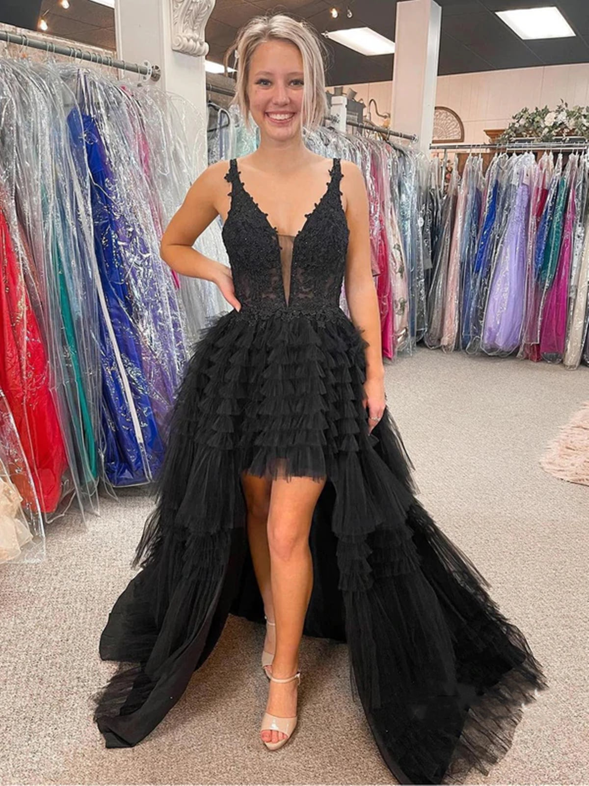 High Low A-Line V-Neck Tulle Prom Dress Black Formal Evening Dresses High Low A-Line V-Neck Tulle Prom Dress Black Formal Evening Dresses