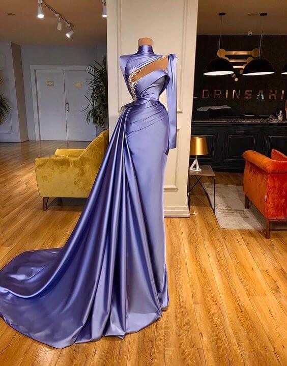 Elegant Mermaid Long Sleeve Halter Ruffles Satin Prom Dresses main image 1