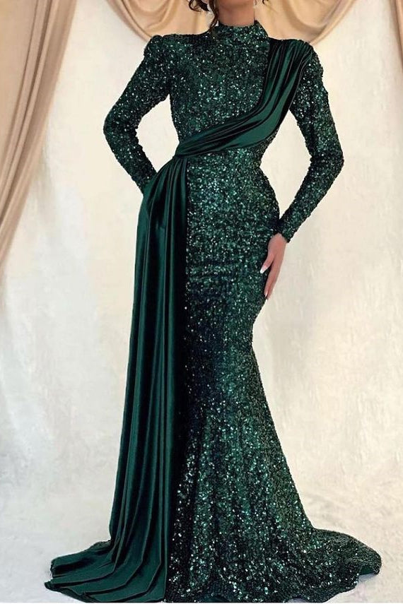 high neck long sleeve mermaid dress High Neck Long Sleeves Sequined Mermaid Prom Dress with Ruffles