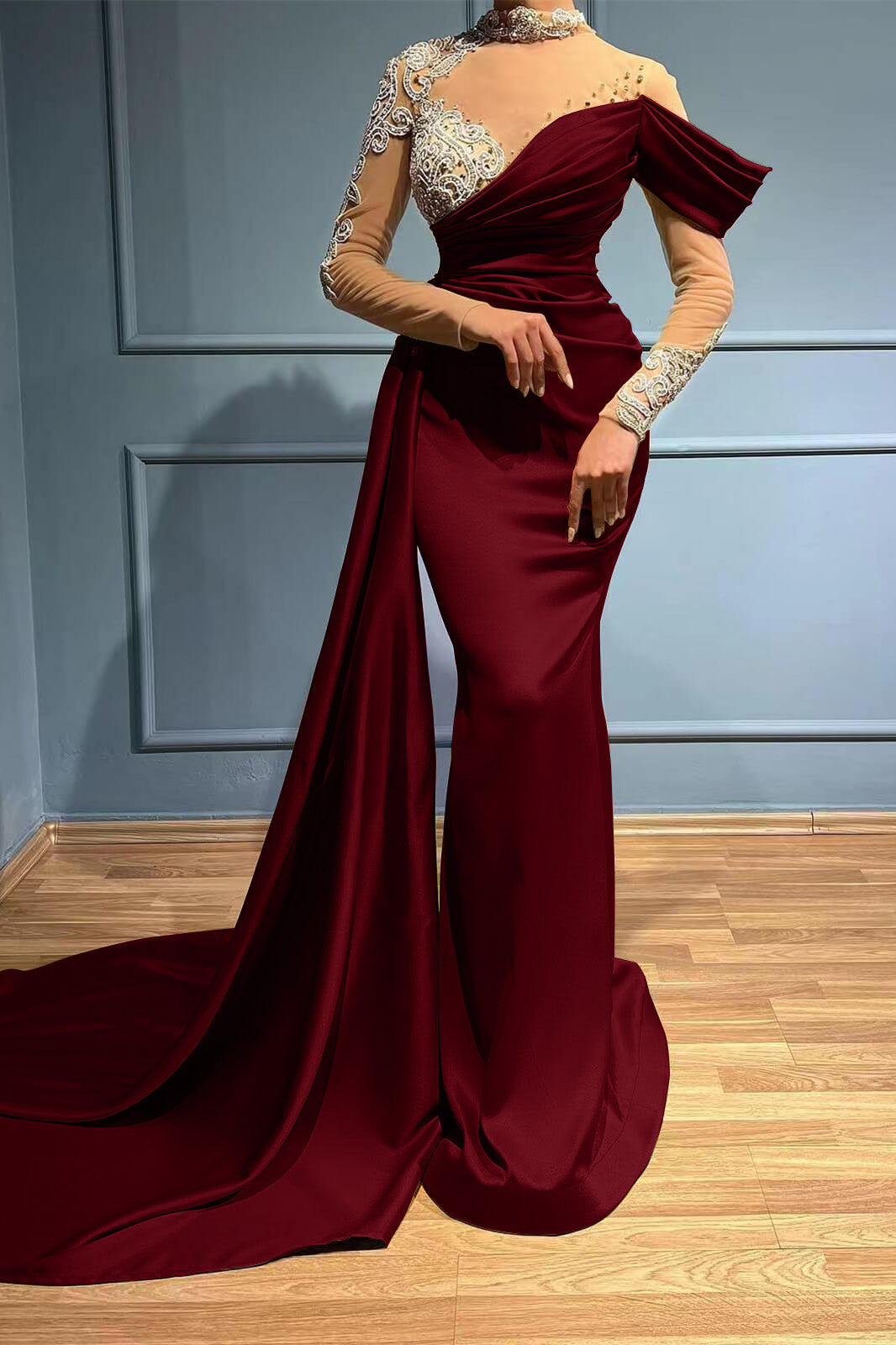 Burgundy High Neck Mermaid Long Sleeves Appliques Evening Dress Long with Ruffles Burgundy High Neck Mermaid Long Sleeves Appliques Evening Dress Long with Ruffles
