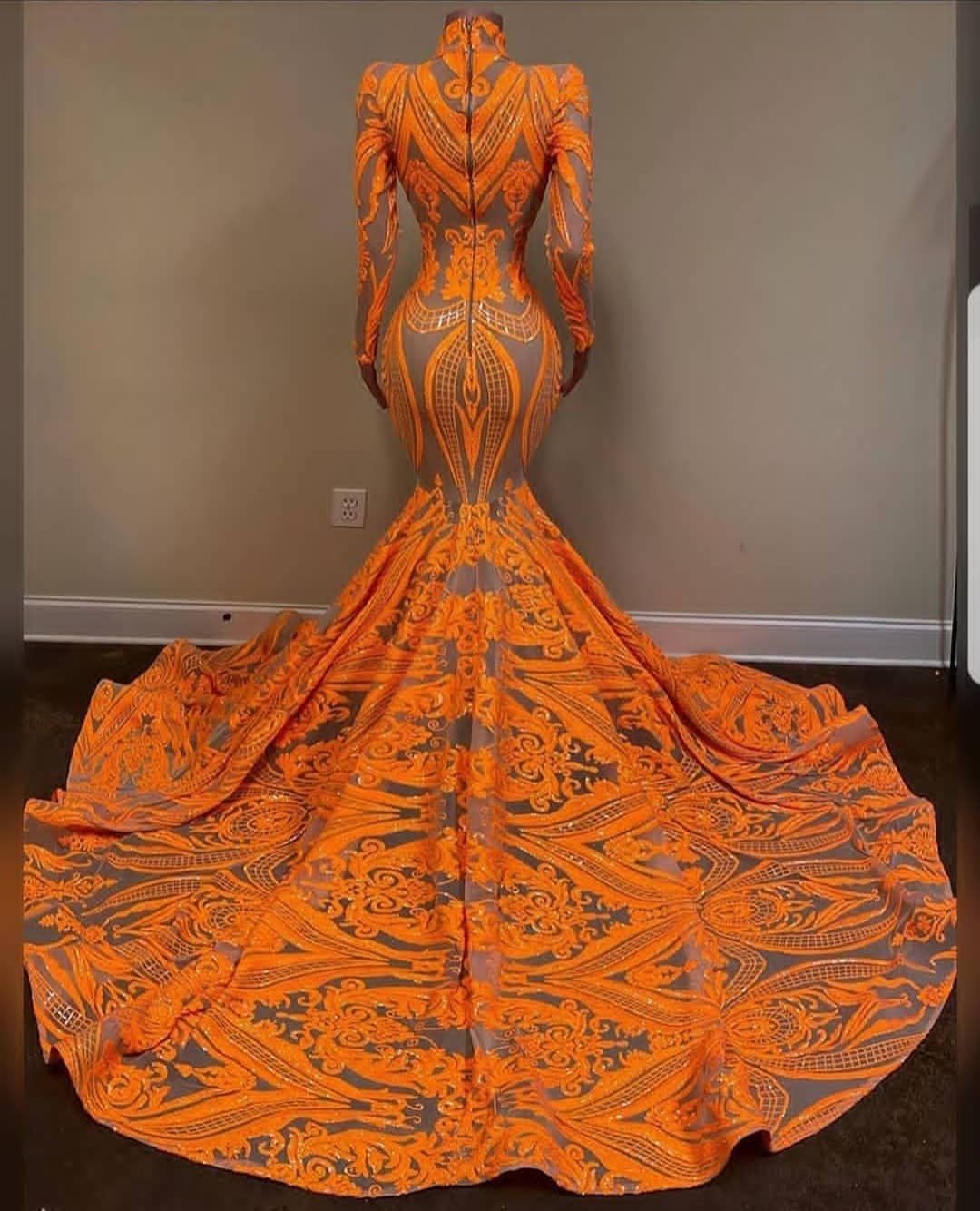 open lace back dress High Neck Mermaid Orange Prom Dress with Long Sleeves Sequins Lace