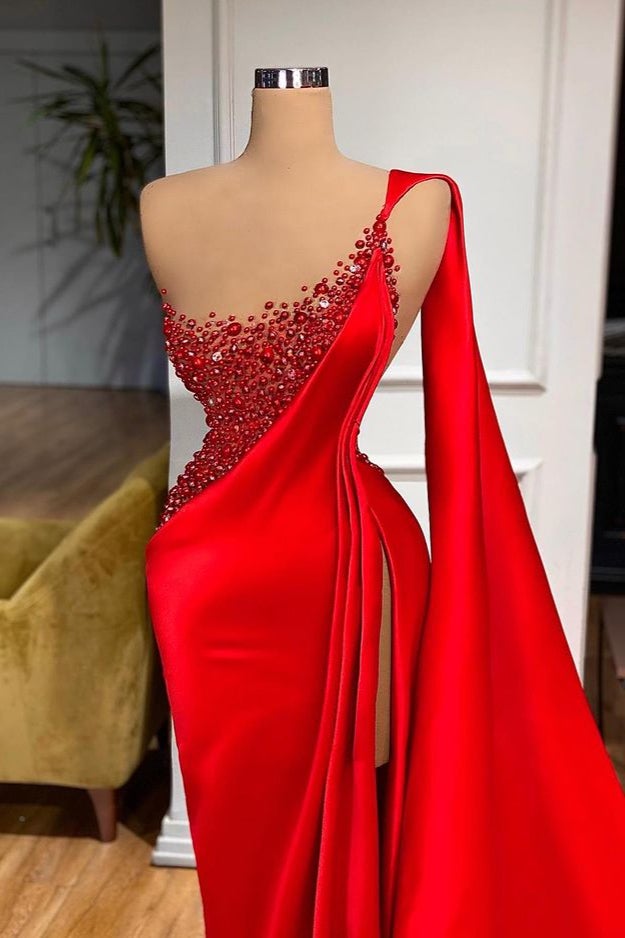 High Slit One Shoulder Scarlet Siren Mermaid Prom Dress with Beads –  BIZTUNNEL
