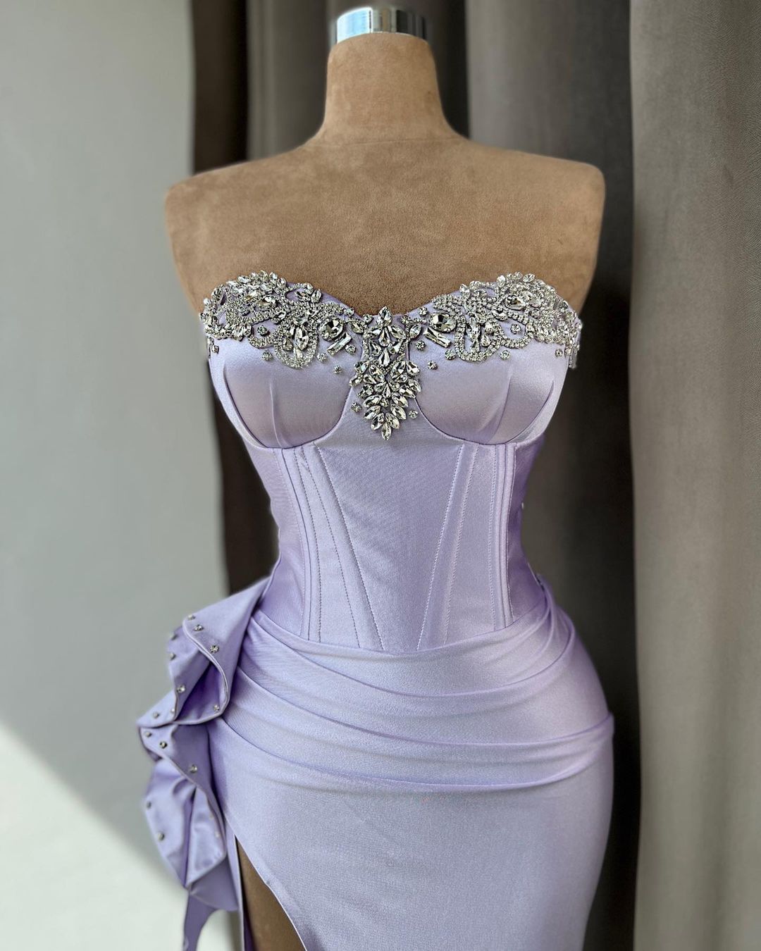 High Split Strapless Light Purple Mermaid Prom Dress with Rhinestone