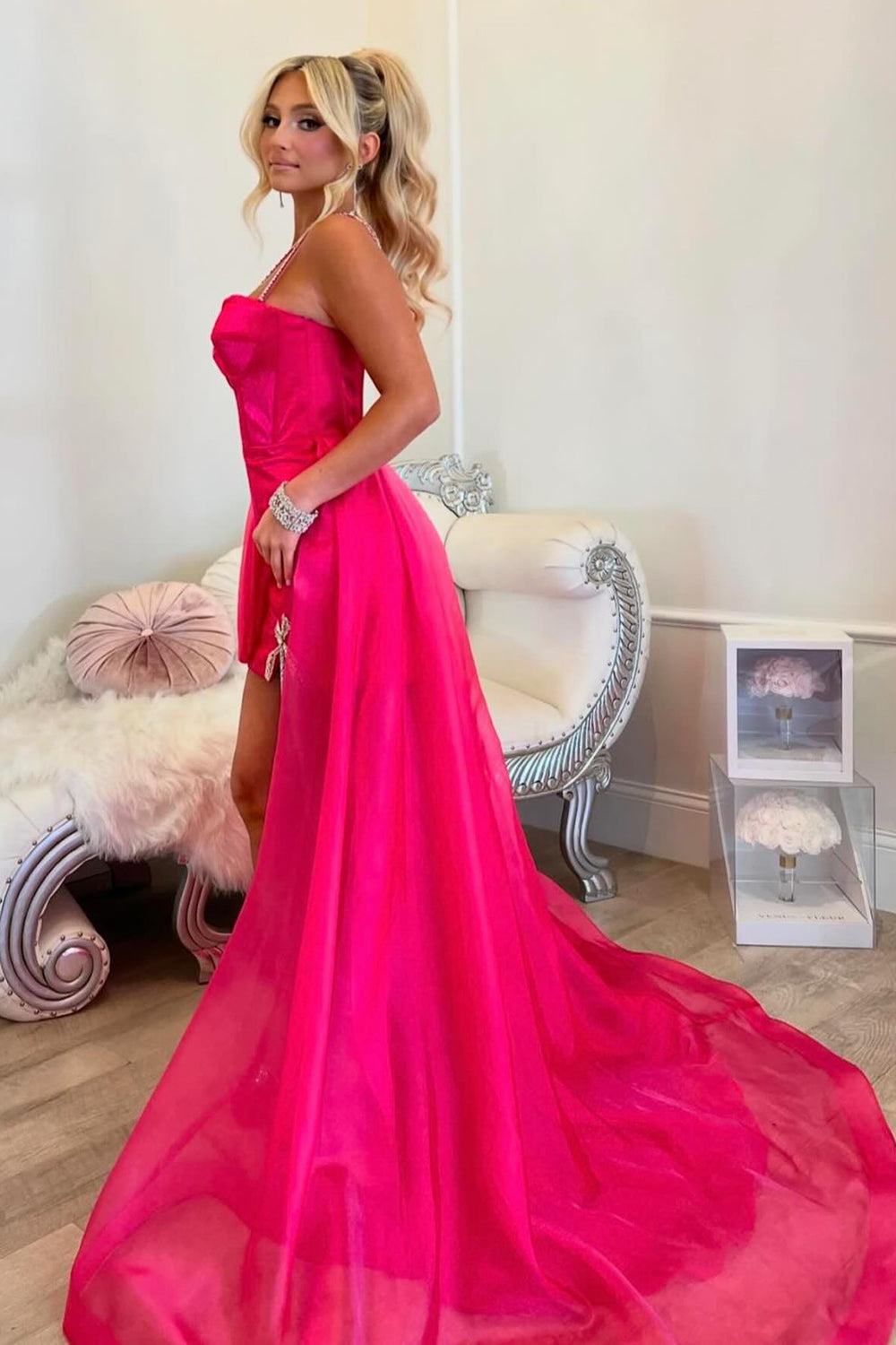 neon pink spaghetti strap dress Hot Pink Scoop Neck Spaghetti Straps Lace-up Long Prom Dresses, MP933