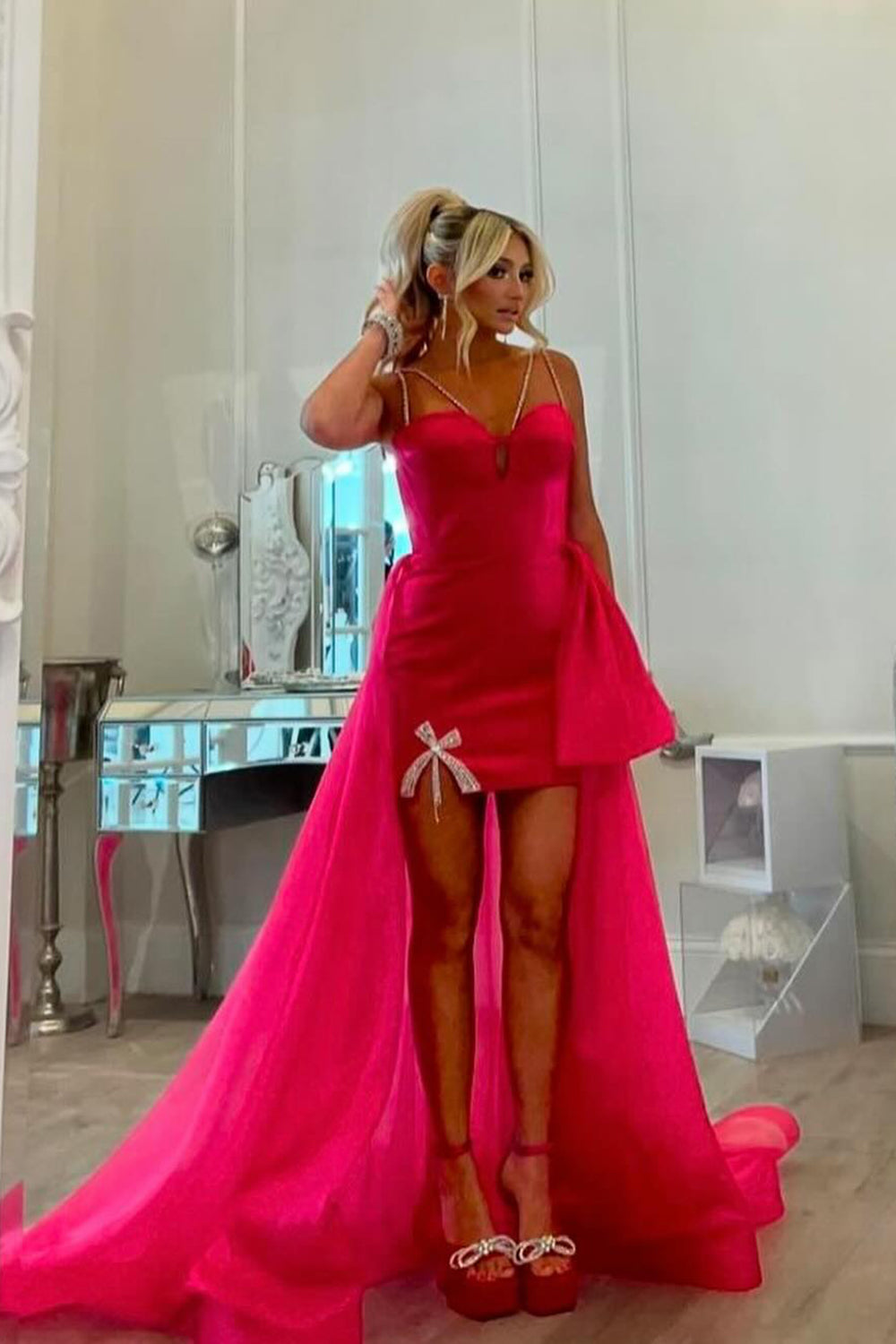 hot pink spaghetti dress Hot Pink Mermaid Spaghetti Straps Satin Prom Dress with Slit PSK453 US4 / Custom Color