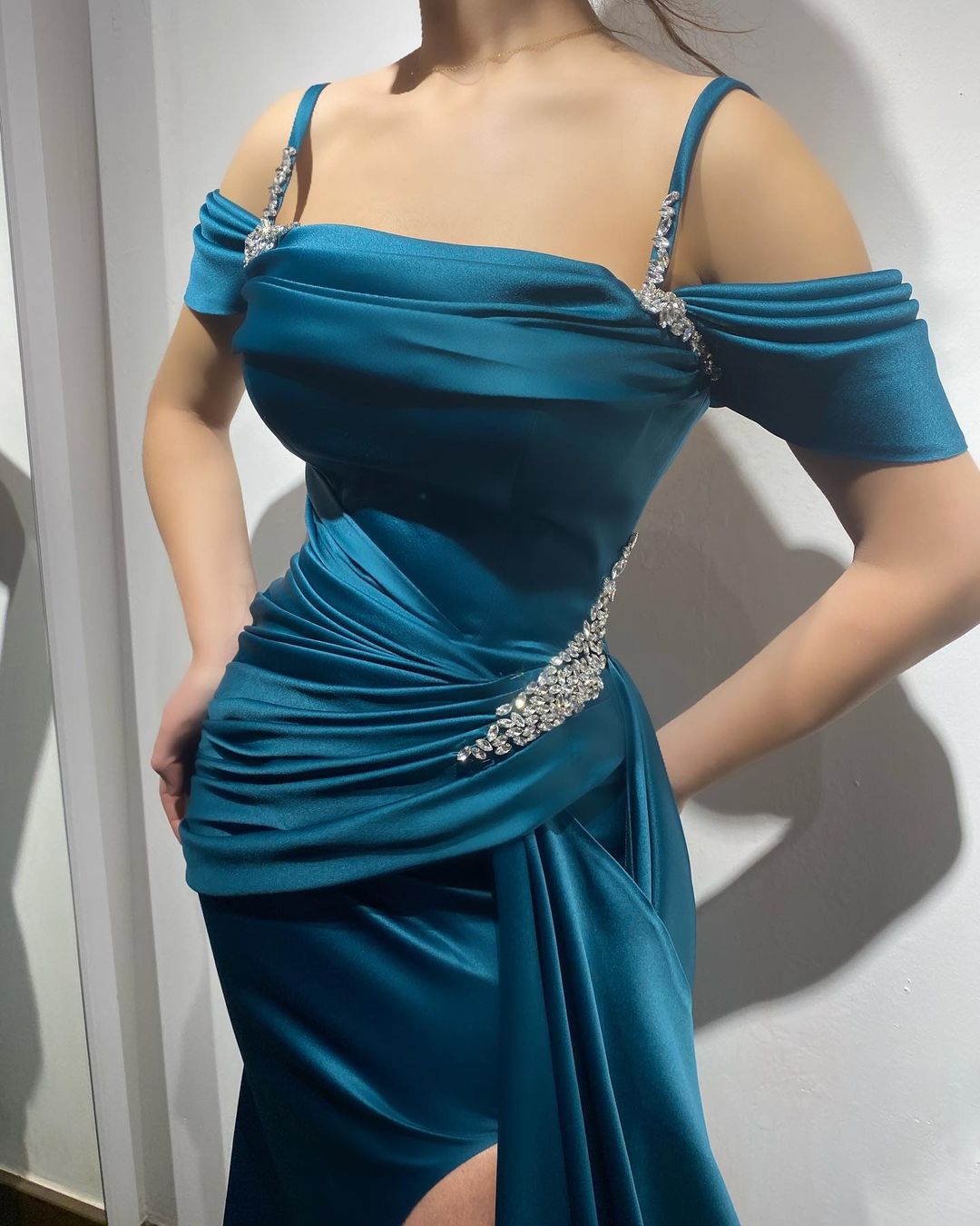 Long Mermaid Spaghetti Strap Off the Shoulder Satin Sleeveless Evening   BIZTUNNEL
