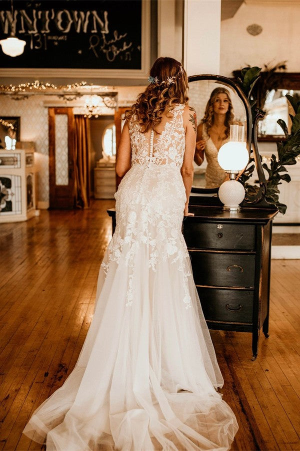 Sexy Long Mermaid V-neck Lace Tulle Wedding Dresses