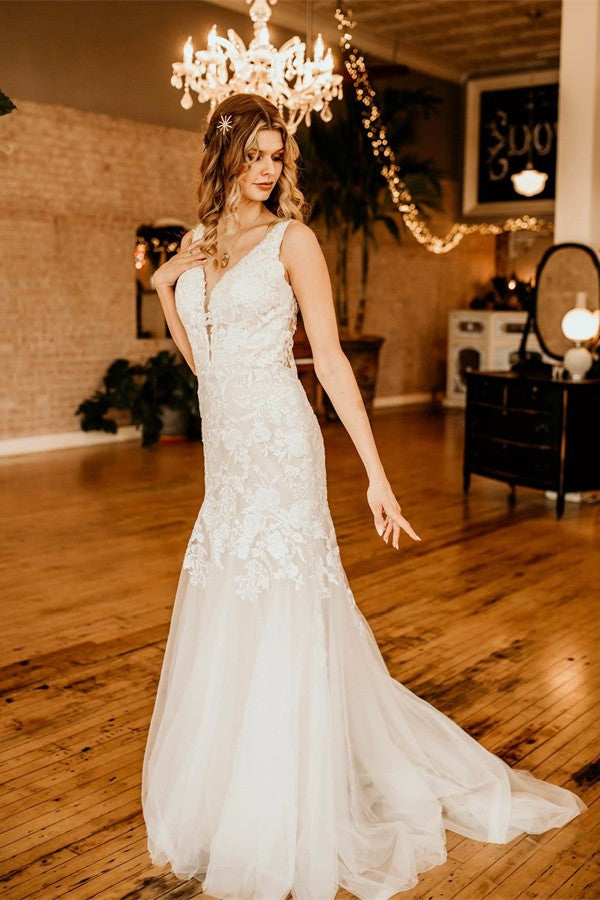 Ivory Long Mermaid V-neck Straps Tulle Lace Wedding Dress with Ruffles Ivory Long Mermaid V-neck Straps Tulle Lace Wedding Dress with Ruffles