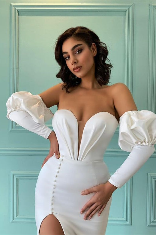 White Long Sweetheart Bubble Sleeves Mermaid Prom Dress with Split White Long Sweetheart Bubble Sleeves Mermaid Prom Dress with Split