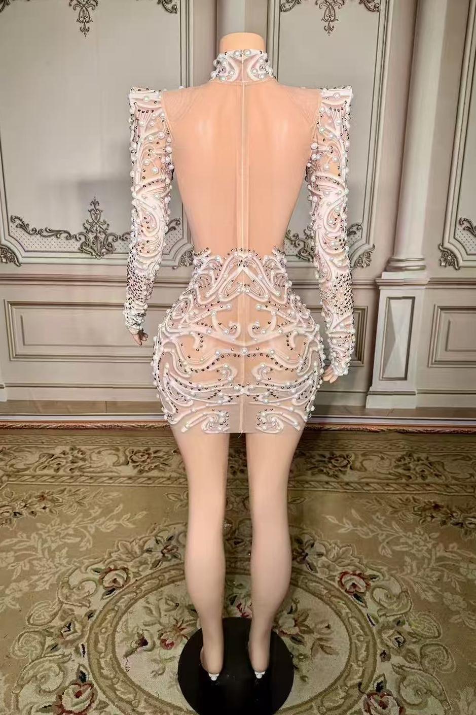 Lace Long Sleeves Illusion High Neck Homecoming Dress with Pearl BIZTUNNEL Lace Long Sleeves Illusion High Neck Homecoming Dress with Pearl BIZTUNNEL