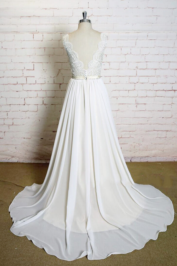 sachin and babi light blue dress A-Line Deep V-Neck Court Spaghetti Strap Chiffon Crochet Flower Backless Wedding Dress main image 0