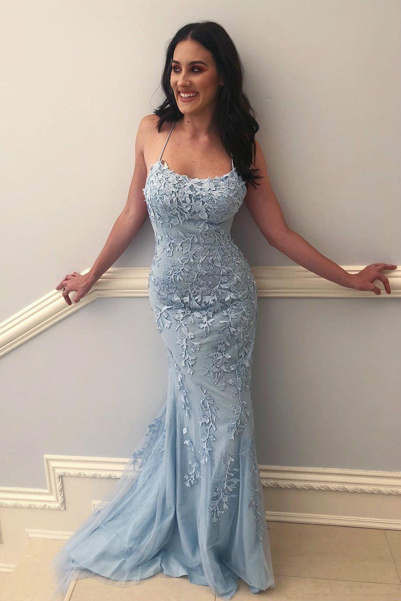 Light Blue Long Lace Open Back Mermaid Prom Dress BIZTUNNEL Light Blue Long Lace Open Back Mermaid Prom Dress BIZTUNNEL