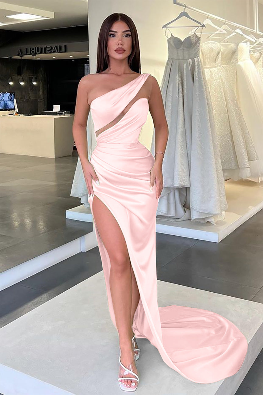 Sage Mermaid One Shoulder Sleeveless Satin Long Evening Dress with Sli –  BIZTUNNEL