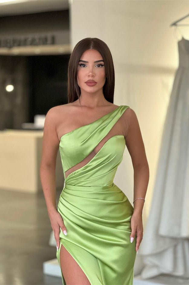 Royal Blue Long Mermaid One Shoulder Satin Formal Prom Dresses with Slit