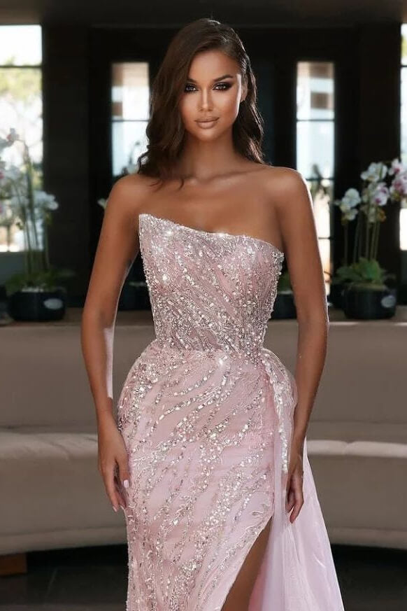 Sparkly Pink Sequins Strapless Corset Mermaid Evening Dress with Slit and Cloak main image 0