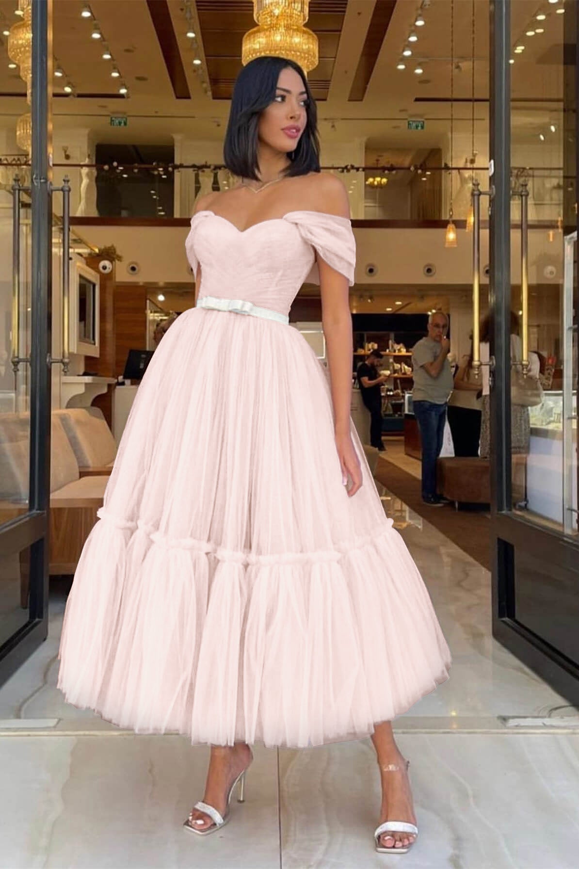 Dark Green Short Sweetheart Off-The-Shoulder Tulle Evening Dress with –  BIZTUNNEL