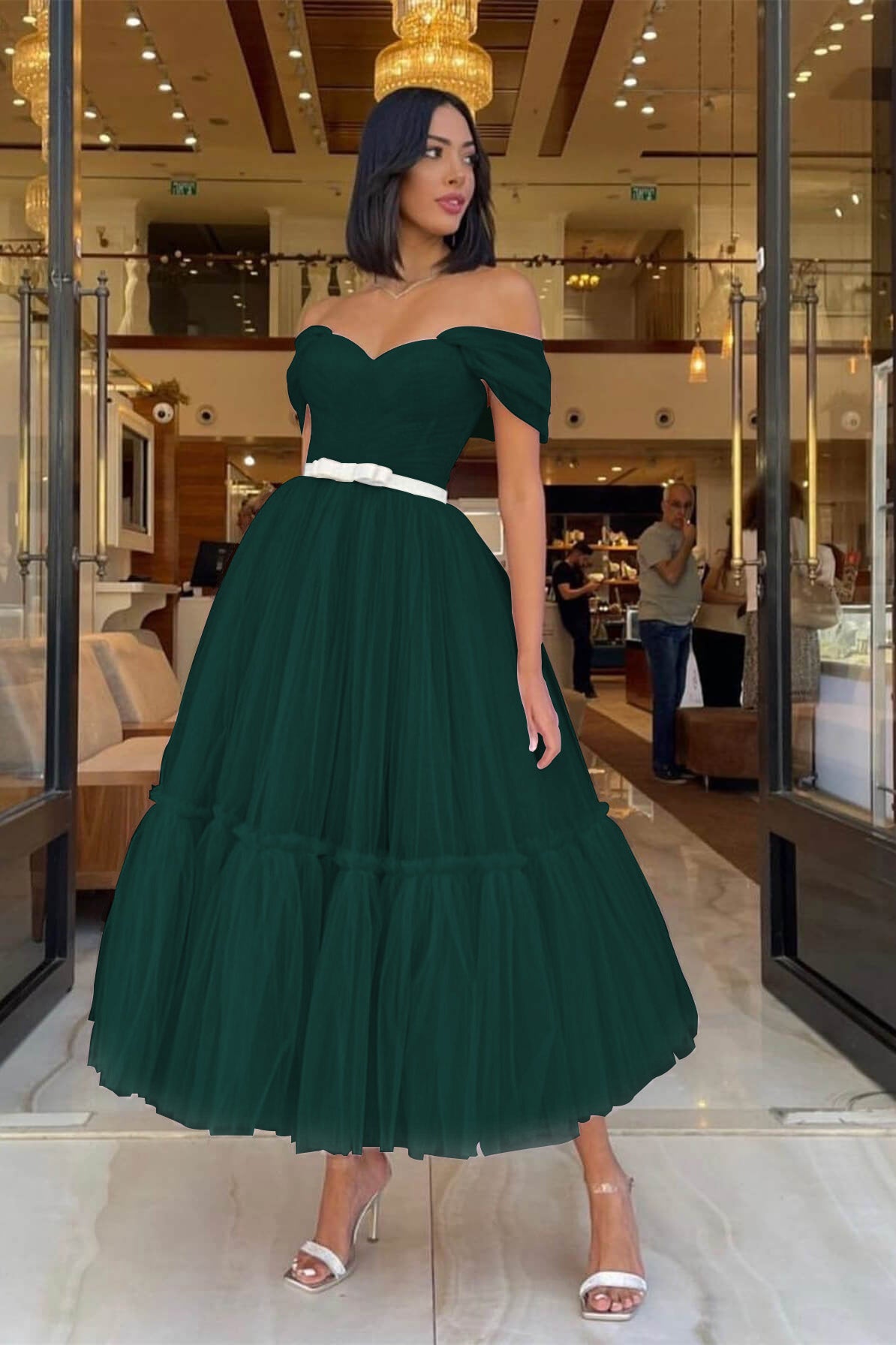 Dark Green Short Sweetheart Off-The-Shoulder Tulle Evening Dress with –  BIZTUNNEL