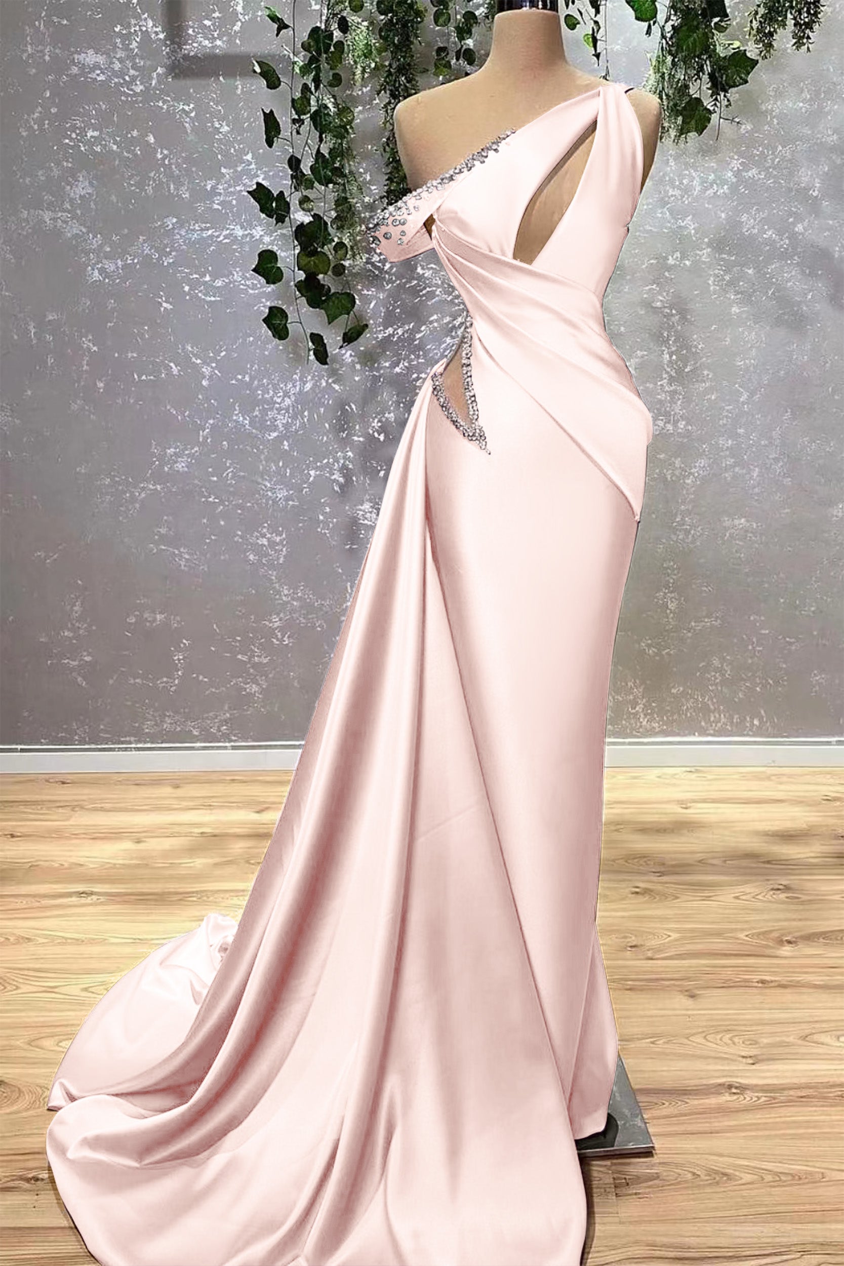Unique Mermaid One Shoulder Satin Lace Long Prom Dress, Evening Dress C6833