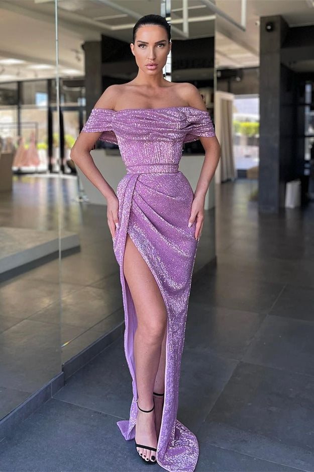 off the shoulder lilac dress Lilac Split Front Off-The-Shoulder Prom Dress With Sequins