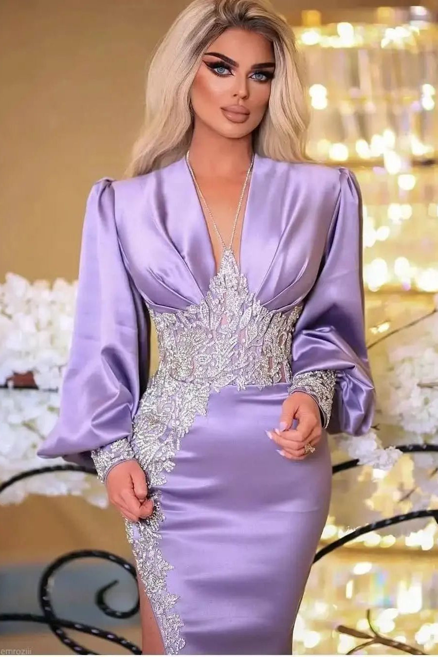Mermaid V Neck Open Back Long Sleeves Tulle Appliques Prom Dresses LBQ3921 main image 1