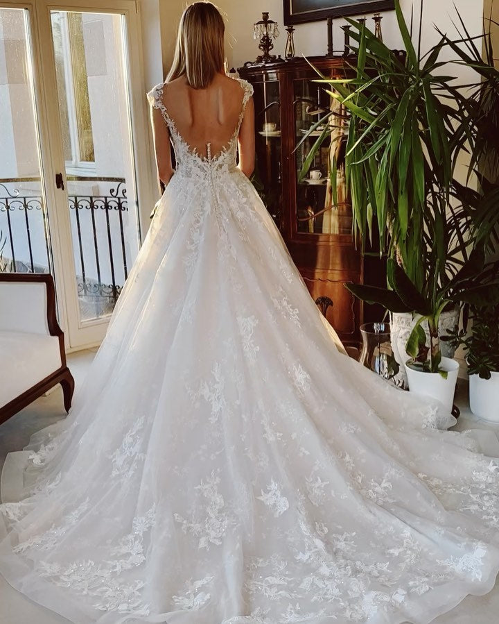 Long A-Line Appliques Lace Backless Church Train Wedding Dress Long A-Line Appliques Lace Backless Church Train Wedding Dress