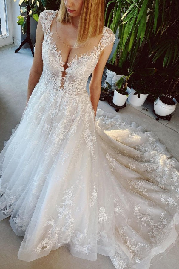 Long A-Line Appliques Lace Backless Church Train Wedding Dress Long A-Line Appliques Lace Backless Church Train Wedding Dress