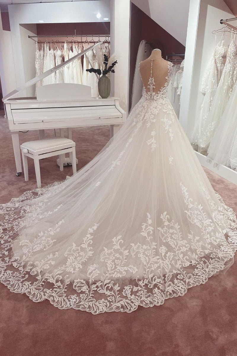 Long Plus Size A-Line Sweetheart Tulle Wedding Dresses with Lace Sleeves