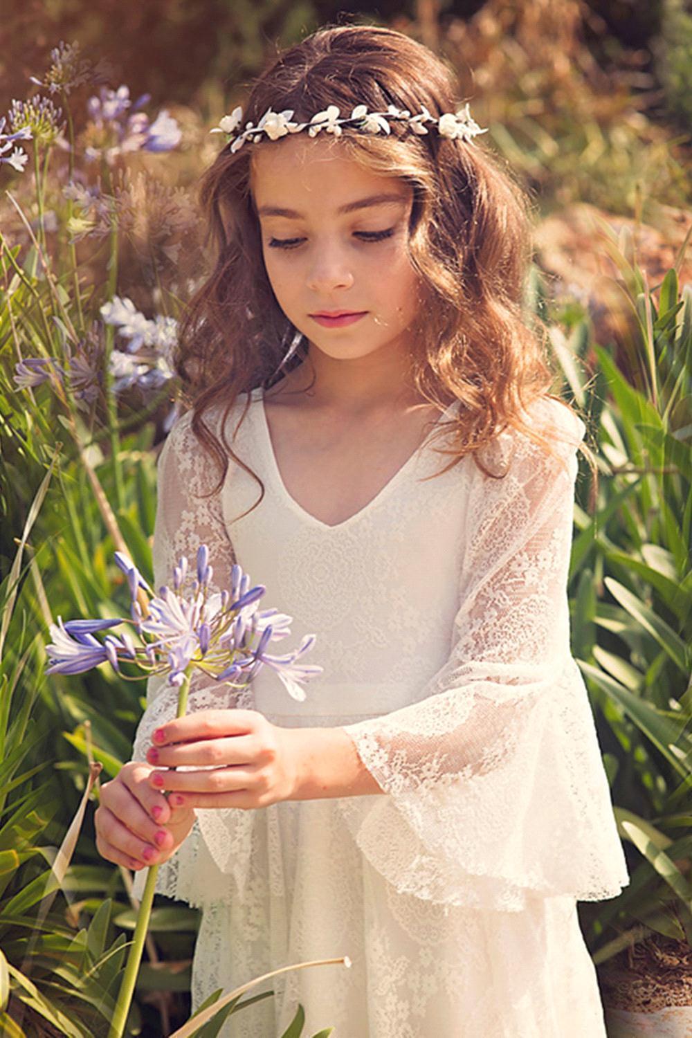 Long sleeves Floral Applique A-line Flower Girl Dress Rust
