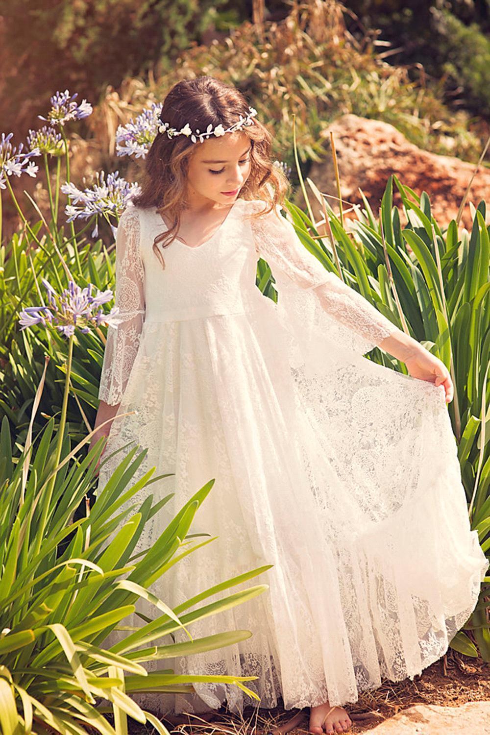 Long sleeves Floral Applique A-line Flower Girl Dress Vintage Mauve