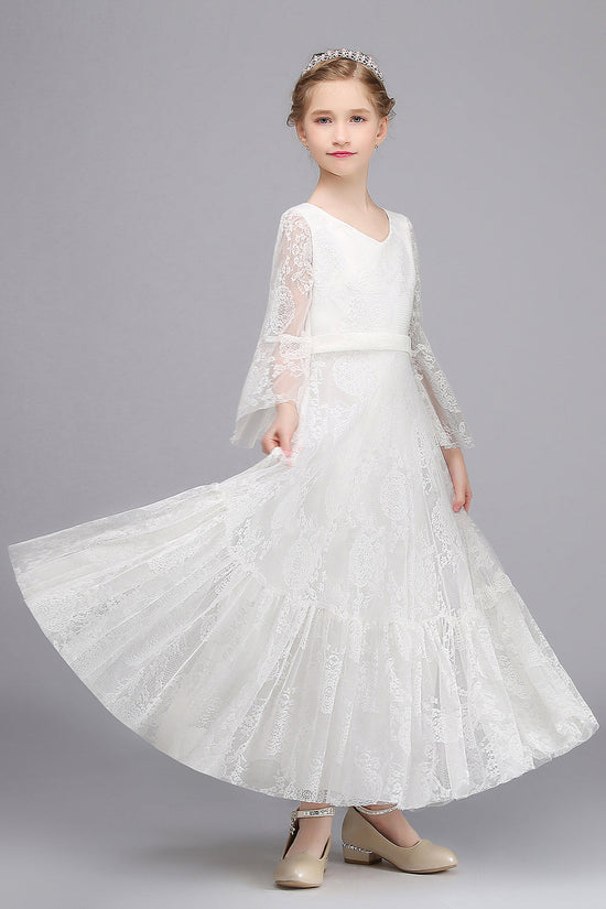 Long A-line Appliques Lace V-neck Flower Girl Dress with Sleeves-BIZTUNNEL