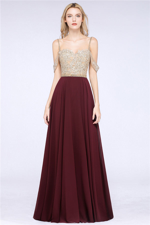 Long A-line Appliques Spaghetti Straps Burgundy Bridesmaid Dress
