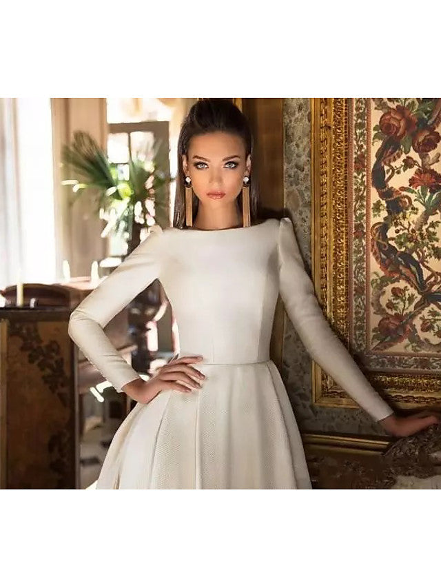 Long A-Line Bateau Neck Court Train Polyester Backless Wedding Dresses with Sleeves Long A-Line Bateau Neck Court Train Polyester Backless Wedding Dresses with Sleeves