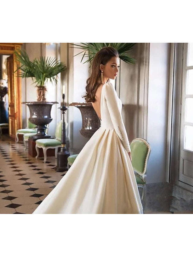 Long A-Line Bateau Neck Court Train Polyester Backless Wedding Dresses with Sleeves Long A-Line Bateau Neck Court Train Polyester Backless Wedding Dresses with Sleeves