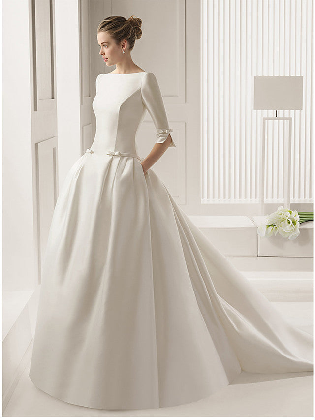 Long A-Line Bateau Neck Polyester Half Sleeve Backless Wedding Dresses BIZTUNNEL Long A-Line Bateau Neck Polyester Half Sleeve Backless Wedding Dresses BIZTUNNEL