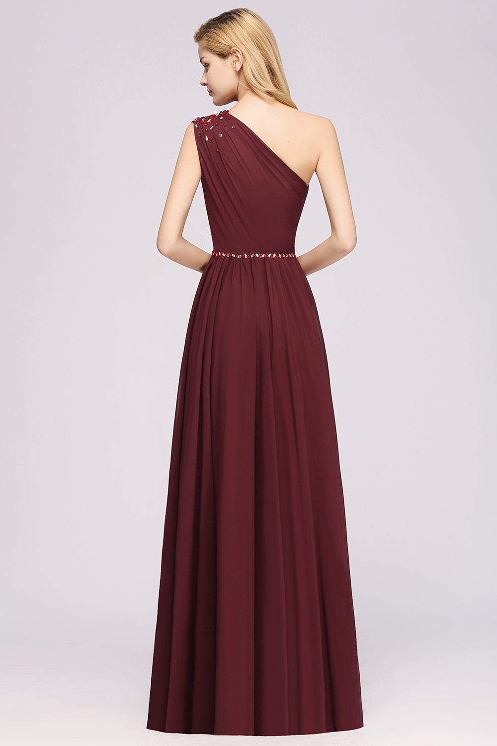 Long A-Line Burgundy Chiffon One Shoulder Bridesmaid Dresses with Beadings-BIZTUNNEL